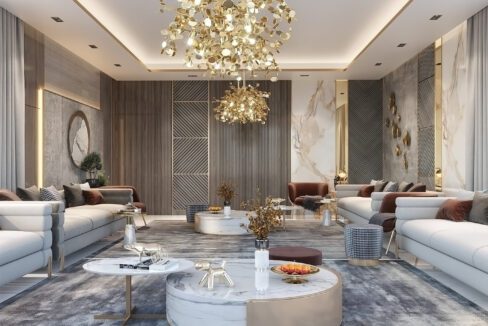 Lavish living room of a luxury triplex for sale in Pamposh Enclave